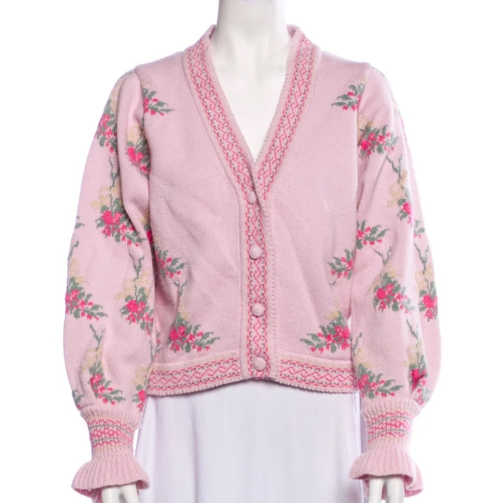 LoveShackFancy V neck pink flower sweater